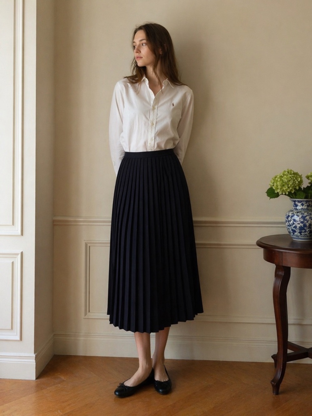 Vintage Polo Ralph Lauren Navy Pleated Skirt Wool ALine Long Midi Maxi USA Sz 10